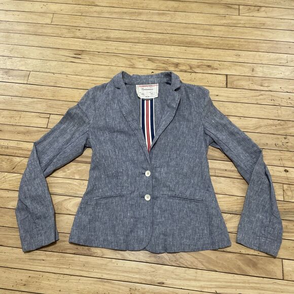 Cartonnier Anthropologie Linen Blazer Women 4 Blue Light 2 Button Preppy Beach 4 - Picture 4 of 16